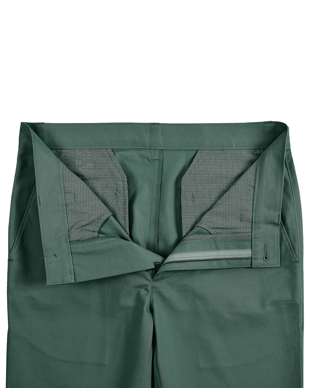 Front open view of custom Genoa Chino pants for men by Luxire in fern green