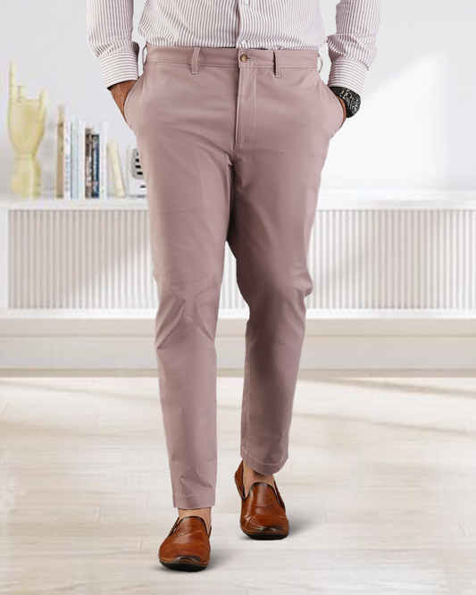 Model wearing custom Genoa Chino pants for men by Luxire in purple fade