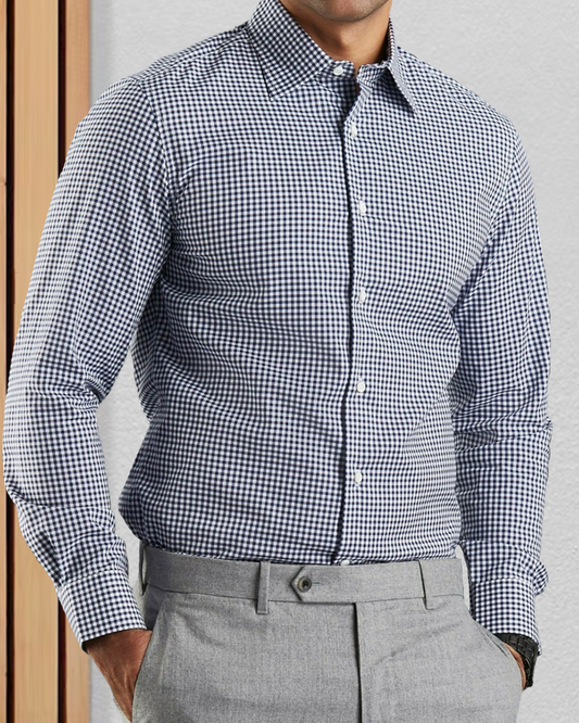 Front view of custom check shirts for men by Luxire navy small gingham