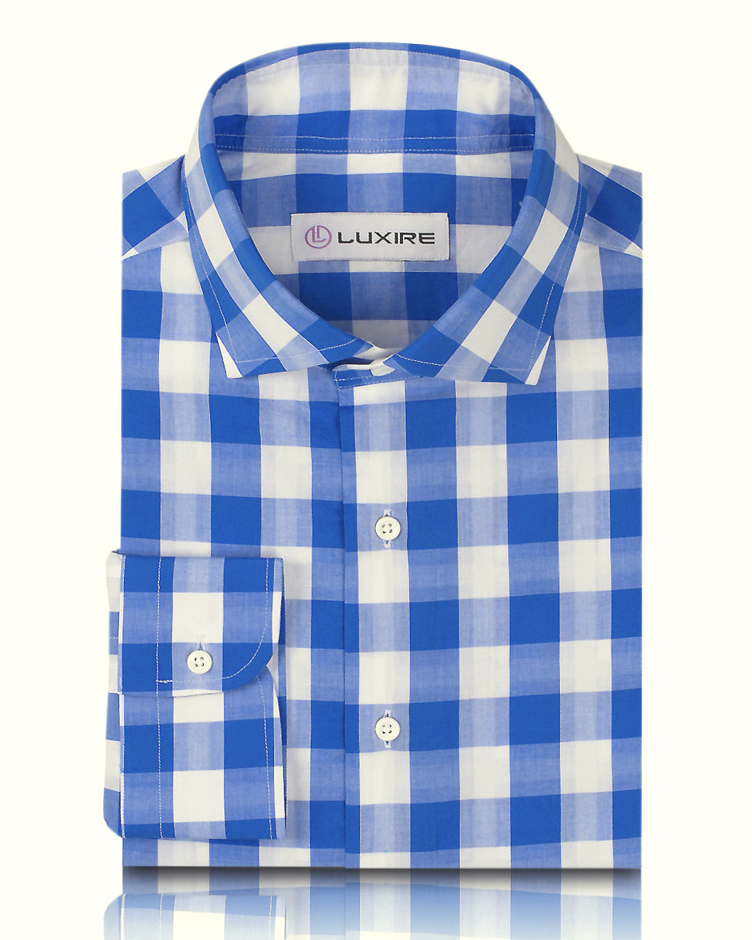 Front view of custom check shirts for men by Luxire in blue white macro