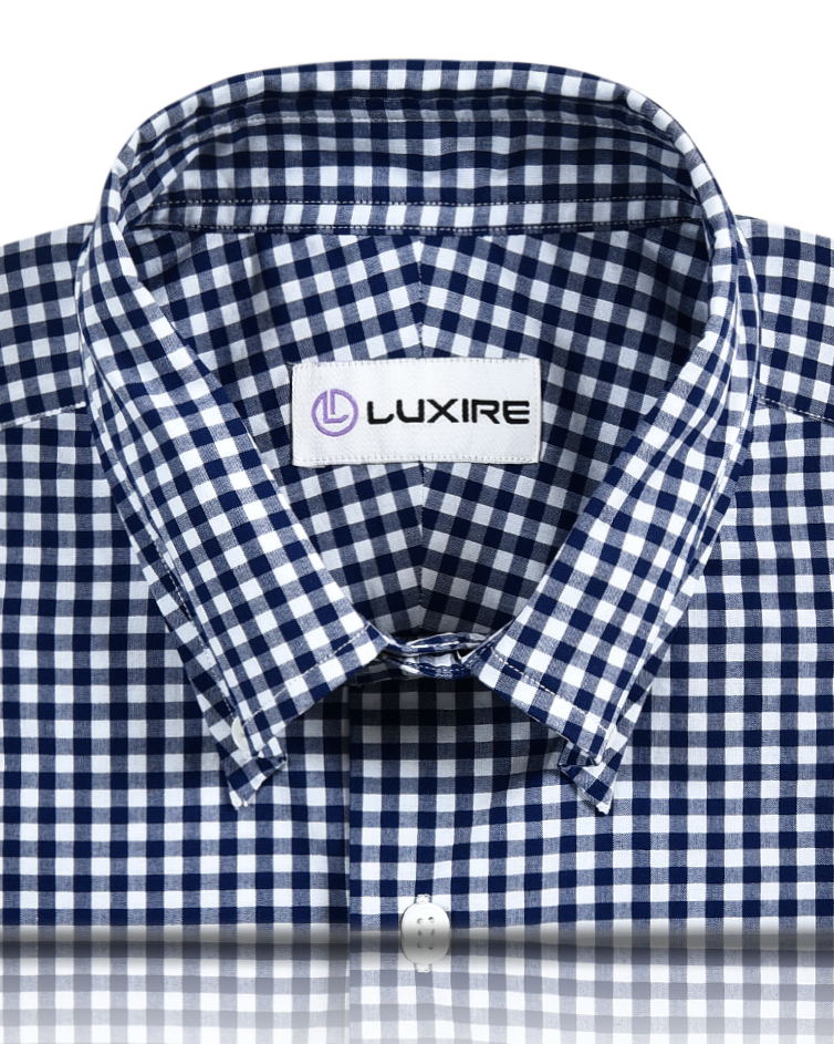 Front view of custom check shirts for men by Luxire in navy gingham