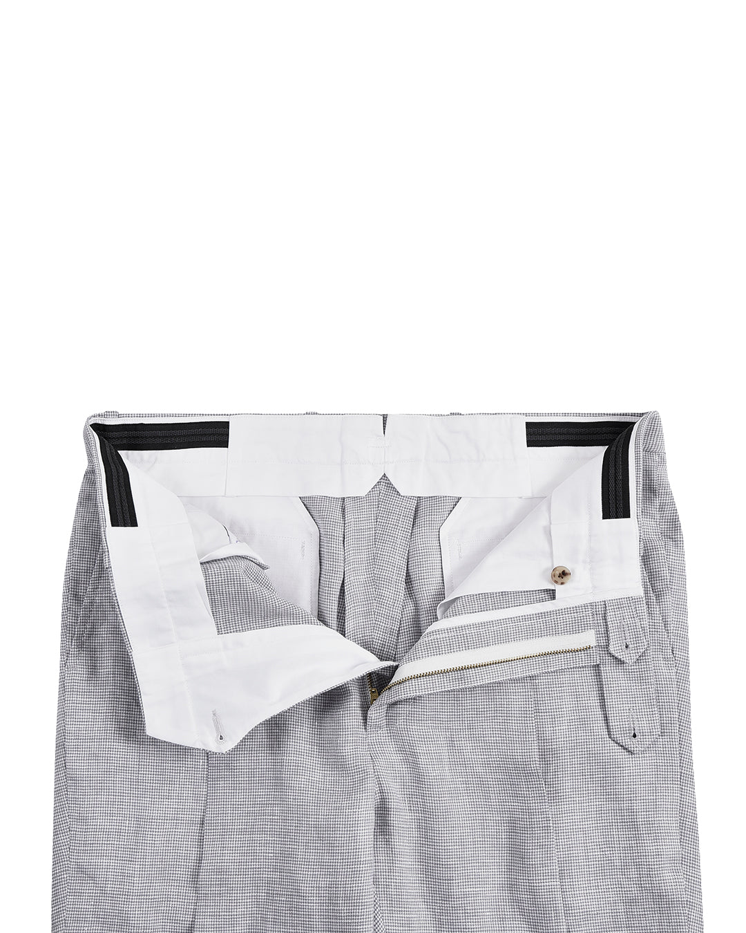 Front open view of custom linen pants for men by Luxire in grey houndstooth