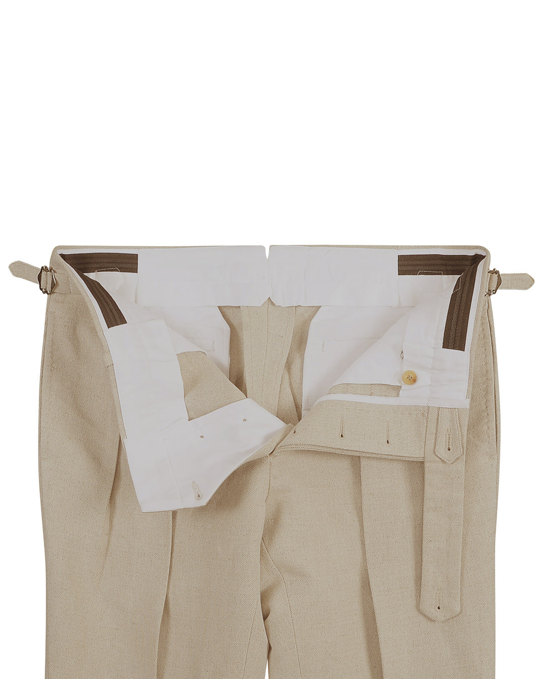 Front open view of custom linen canvas pants for men by Luxire in jute brown