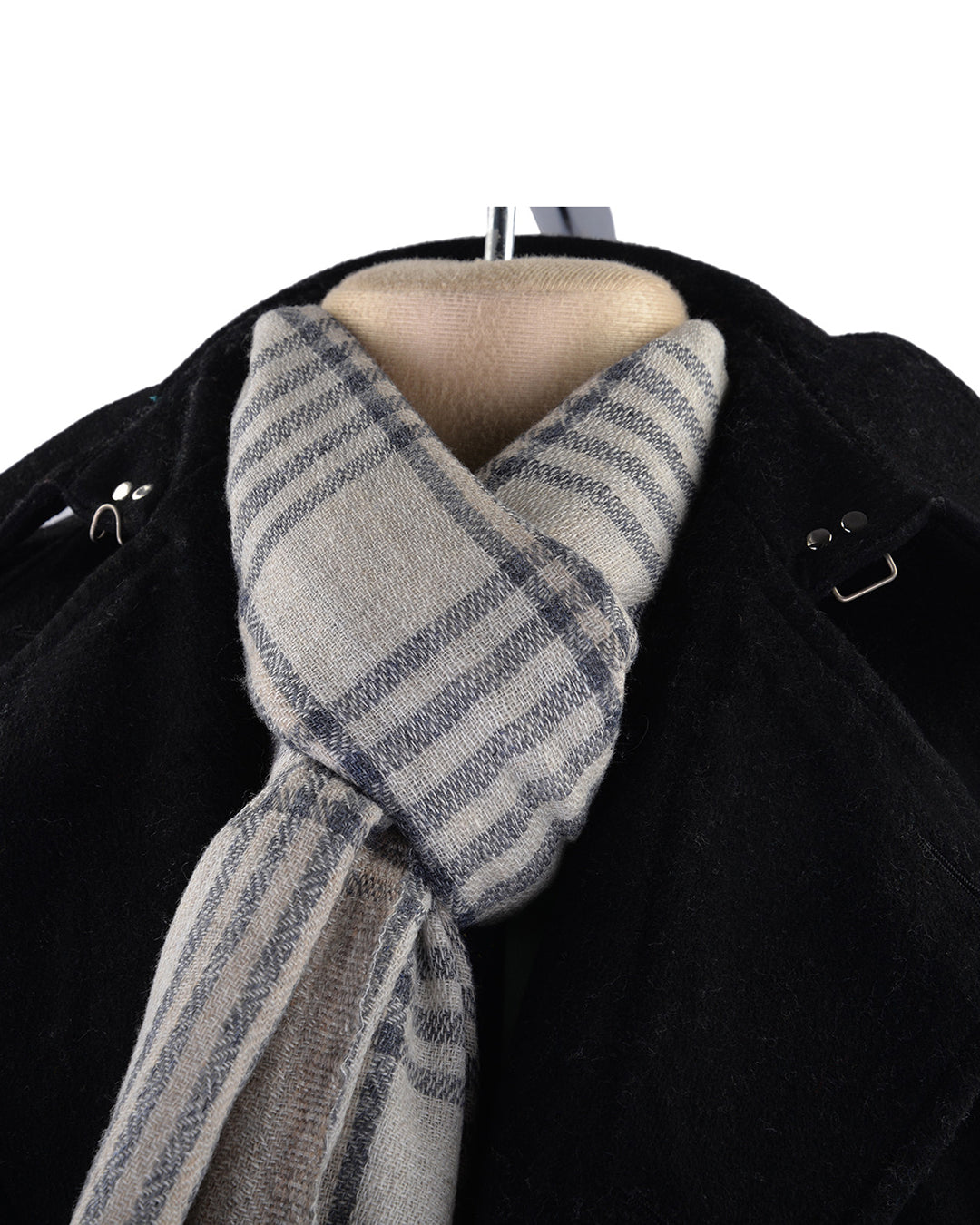 Cashmere Wool Scarf Grey White Diagonal Stripes